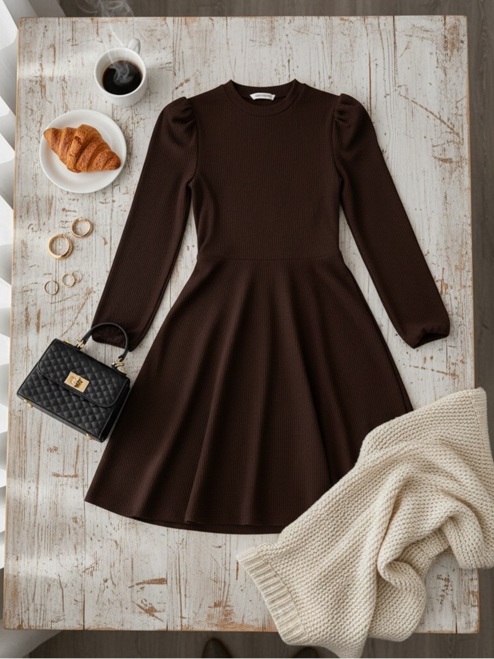 Women's Long-Sleeve Fit & Flare Dress in Dark Brown